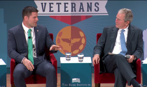 Stann speaks with President George W. Bush about the challenges facing returning veterans.